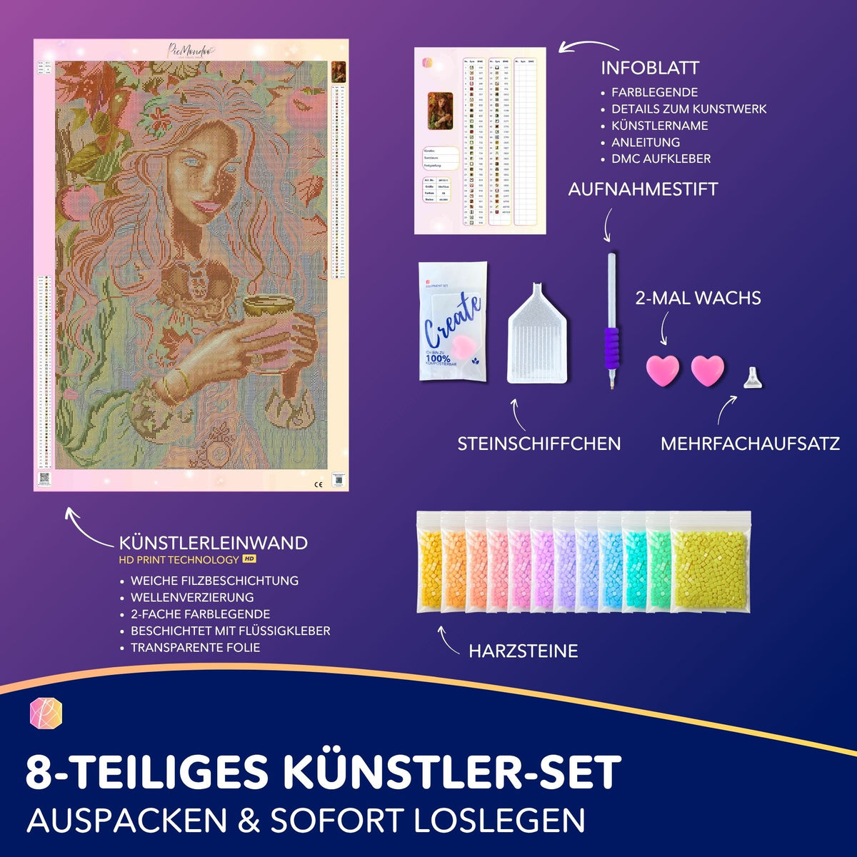 Diamond Painting Set Apfelmädchen Ruby von Susen Pfifferling mit Leinwand, Harzsteinen und Zubehör für DIY-Kunstwerke.