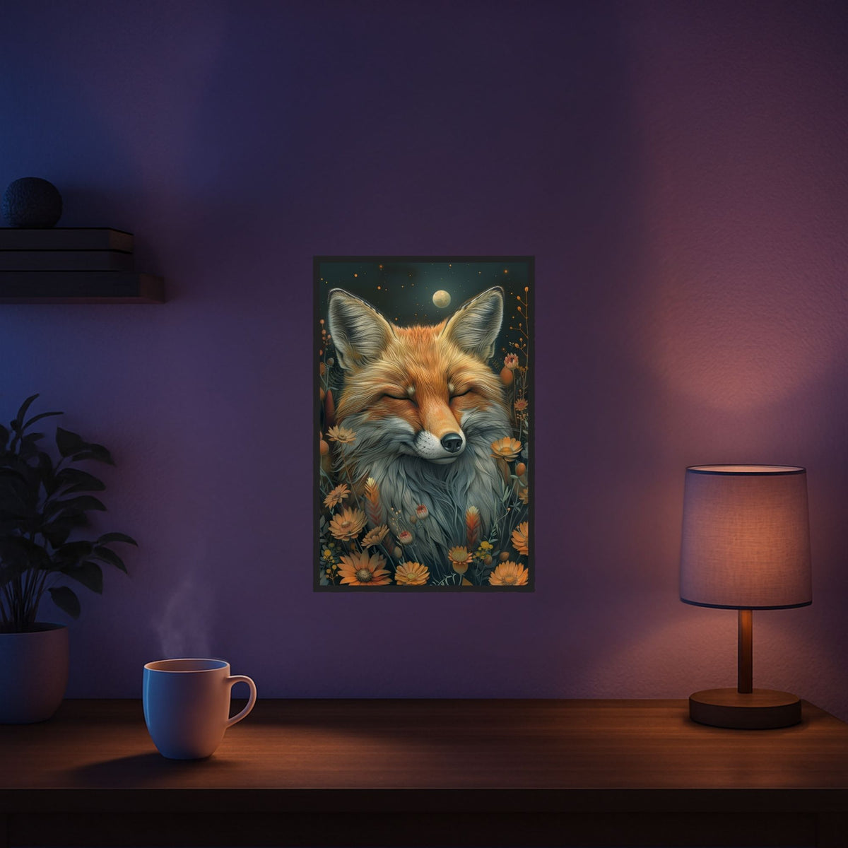Diamond Painting Set Foxy Dreams mit schlafendem Fuchs, Blumen und Mond in einem nächtlichen Garten als Wanddekoration.