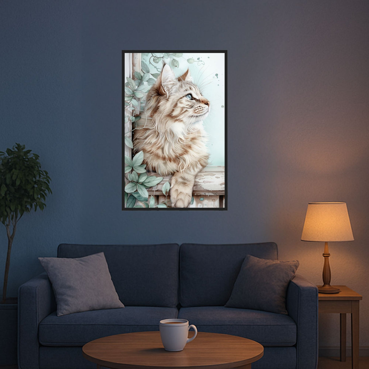 Diamond Painting Set Kater Cosimo mit blauen Augen am Fenster, stilvolles kunstvolles Katzenbild für Bastelfreunde