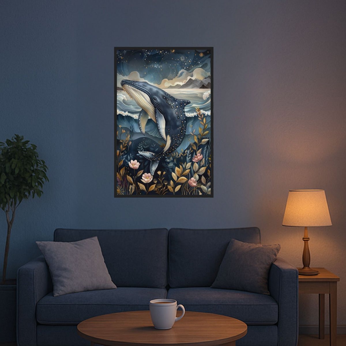 Fertiges Diamond Painting Meeresträume von Susen Pfifferling mit Wal, Sternenhimmel und Blumen in einem Wohnzimmer.