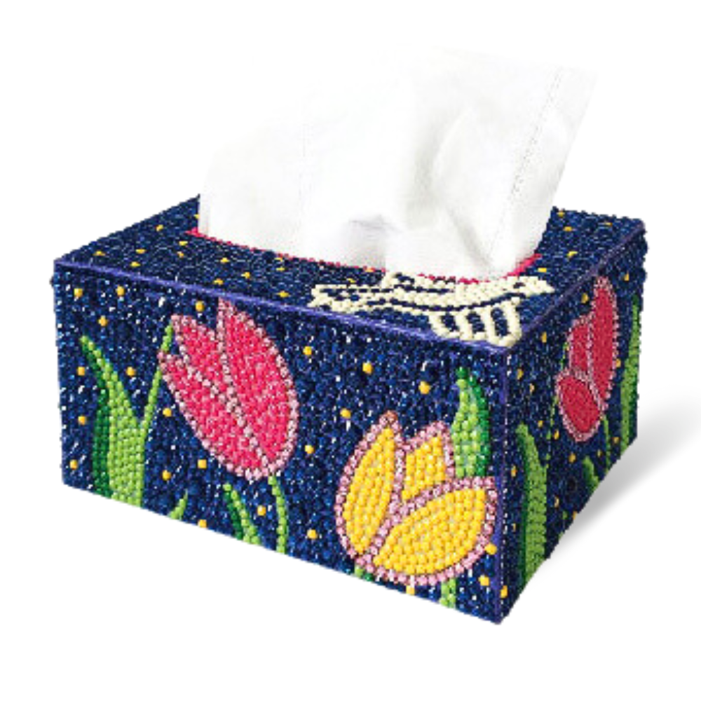 Diamond Painting Taschentücherbox mit buntem Tulpen-Motiv und glitzernden runden Strasssteinen verziert