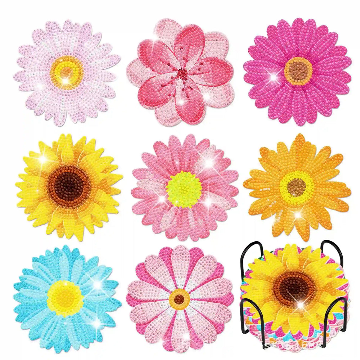 Diamond Painting Untersetzer mit bunten Blumen-Motiven und glitzernden Strass-Steinen im Set mit Halterung