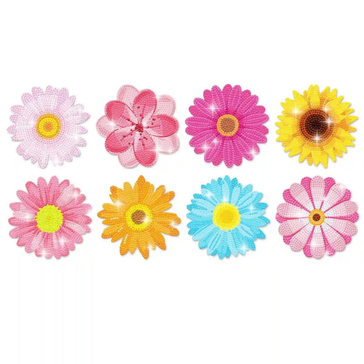 Diamond Painting Untersetzer Set Bunte Blumenwiese mit glänzenden runden Strass Steinen als florale Dekoration