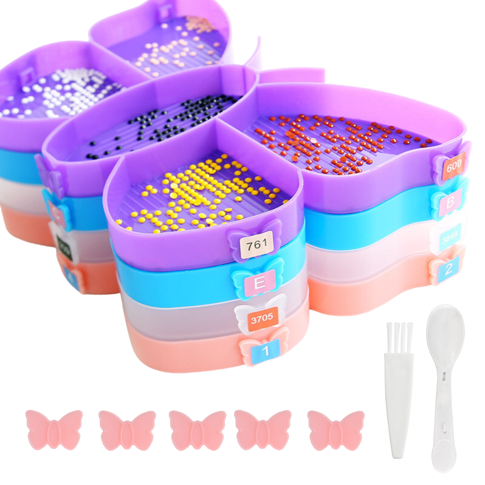 Stapelbares Diamond Painting Schiffchen Set in Schmetterlingsform mit bunten Steinen, Pinsel und Löffel für Diamanten
