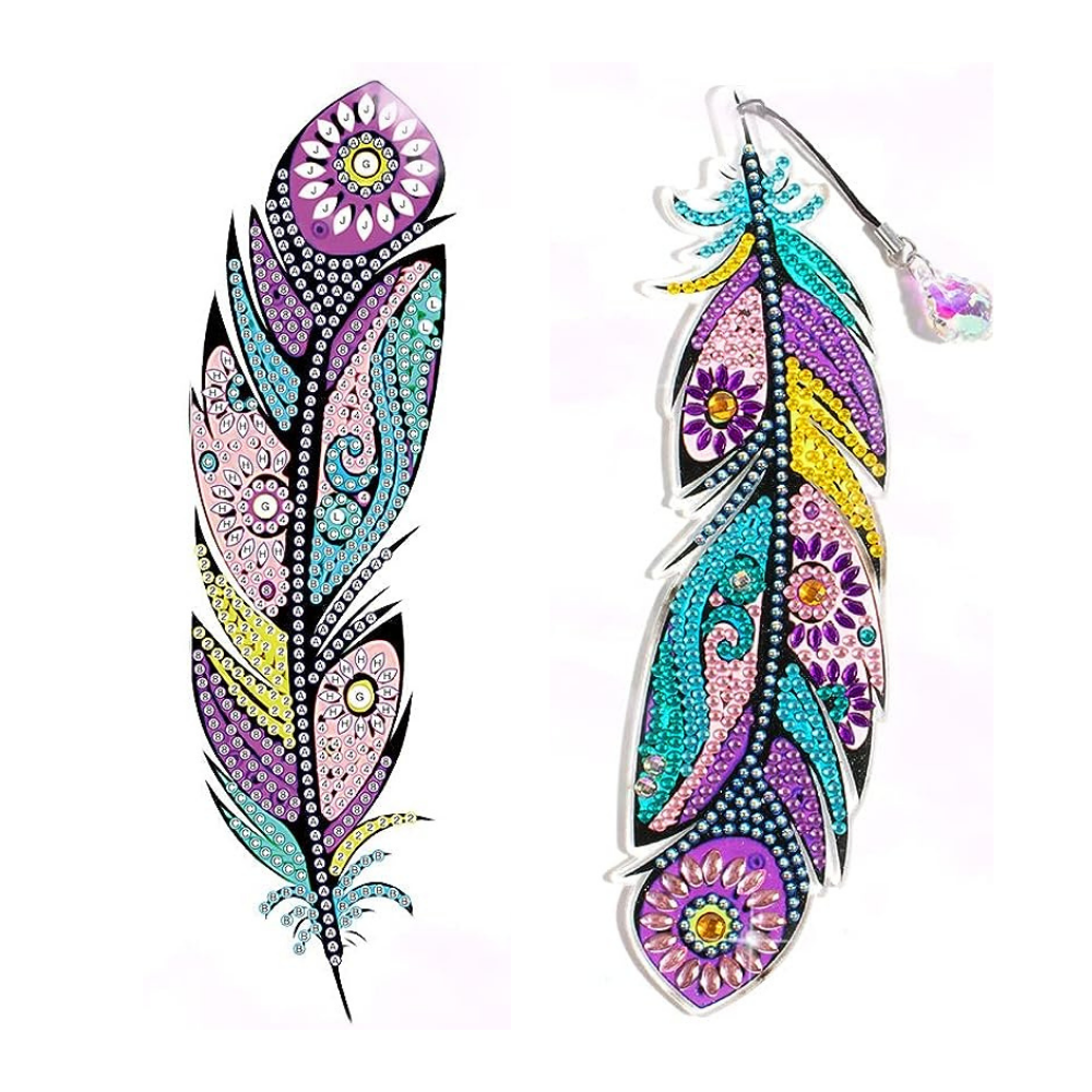 Diamond Painting Lesezeichen 2er Set Bunte Federn mit glitzernden Diamanten und floralem Muster zum Basteln