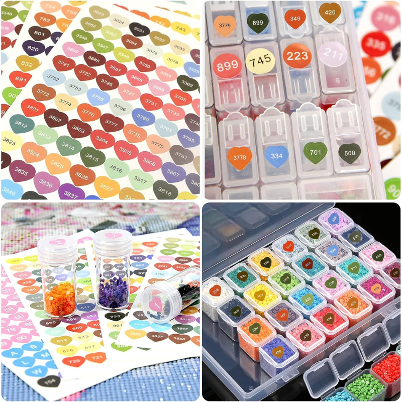 Bunte Diamond Painting DMC Sticker in Herzform zur Organisation von Zubehör, Aufbewahrungsboxen und Diamanten-Döschen.