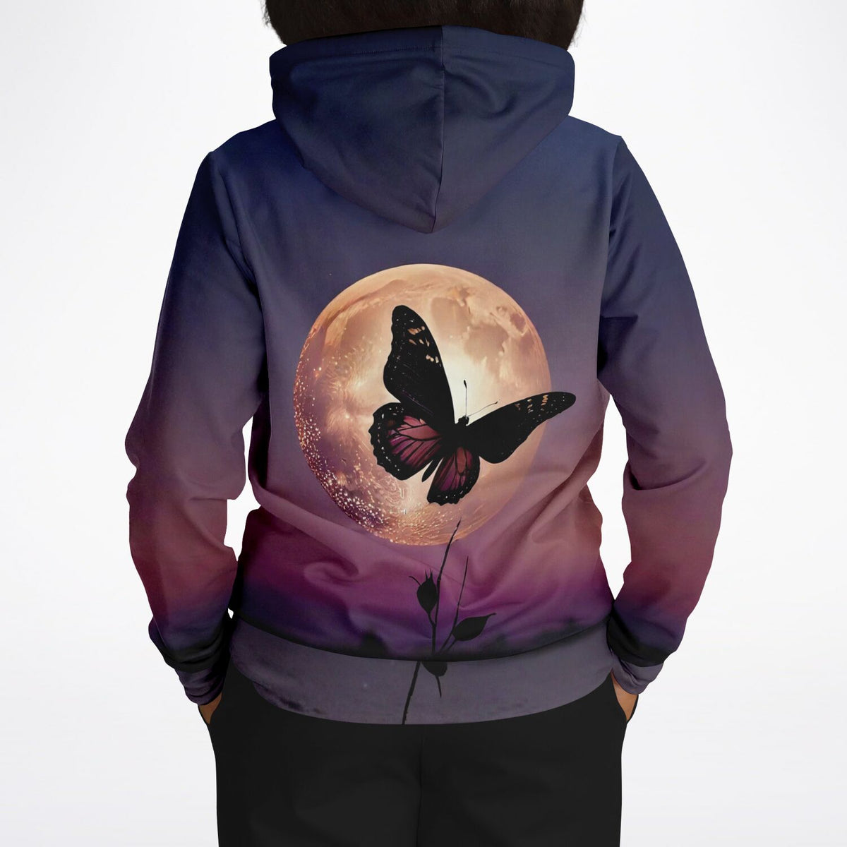 Dreamer Hoodie Nightfly mit Schmetterling und Vollmond Motiv im Diamond Painting Stil für kreative Modefans