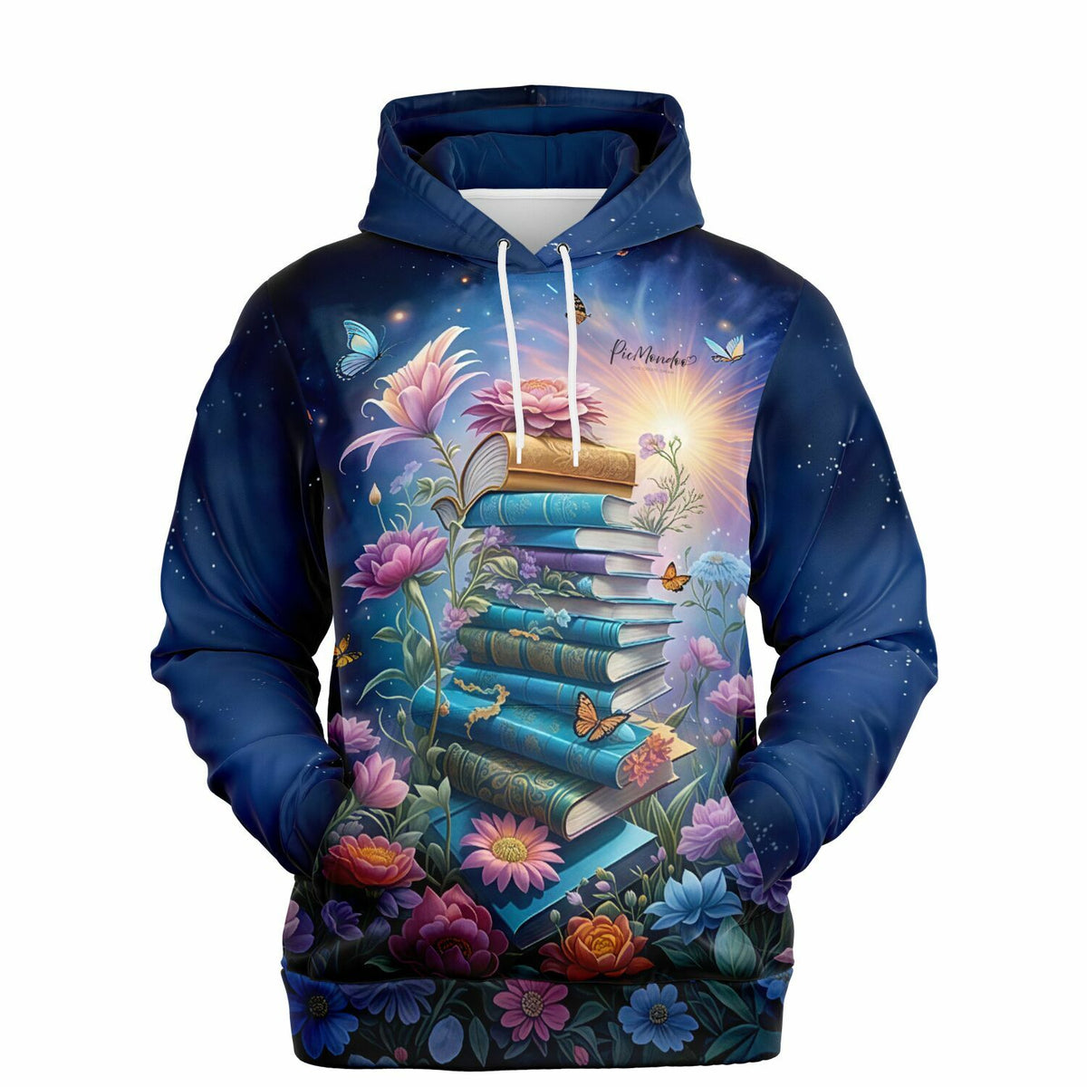 Dreamer Hoodie mit magischem Bücherstapel, bunten Blumen und Schmetterlingen im beliebten picmundoo.comsign