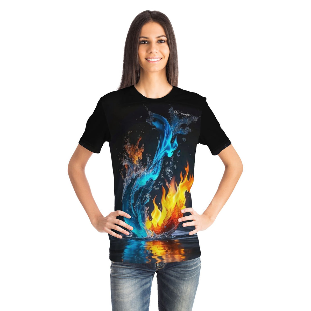 Schwarzes Dreamer T-Shirt mit künstlerischem Feuer- und Wasser-Motiv im Picmondoo-Stil für kreative Köpfe