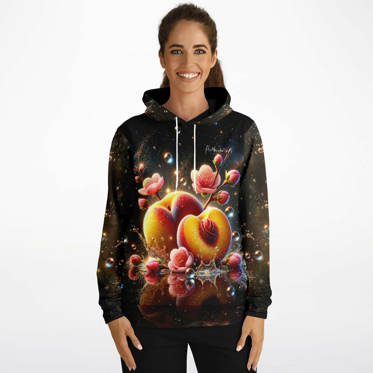 Frau trägt Dreamer Hoodie mit künstlerischem Pfirsich-Motiv, inspiriert von Diamond Painting und Malen nach Zahlen Designs