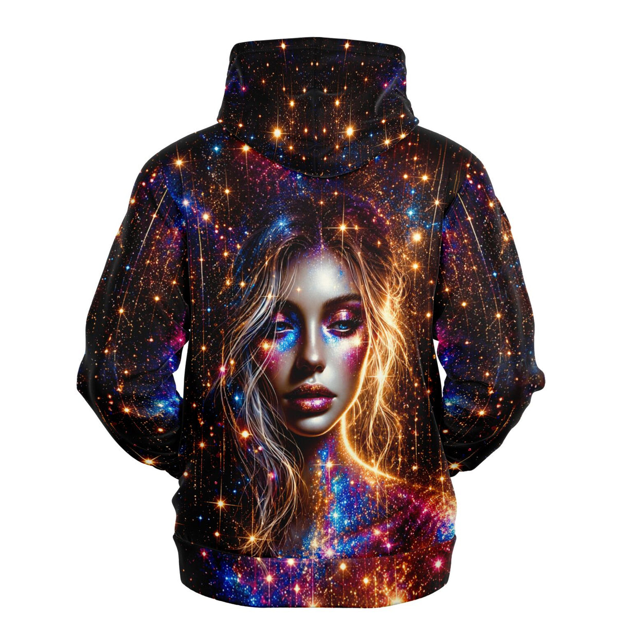 Hoodie mit kosmischem Galaxy-Motiv und Frauenporträt, perfekt ergänzend zu Diamond Painting und Malen nach Zahlen Kunst.