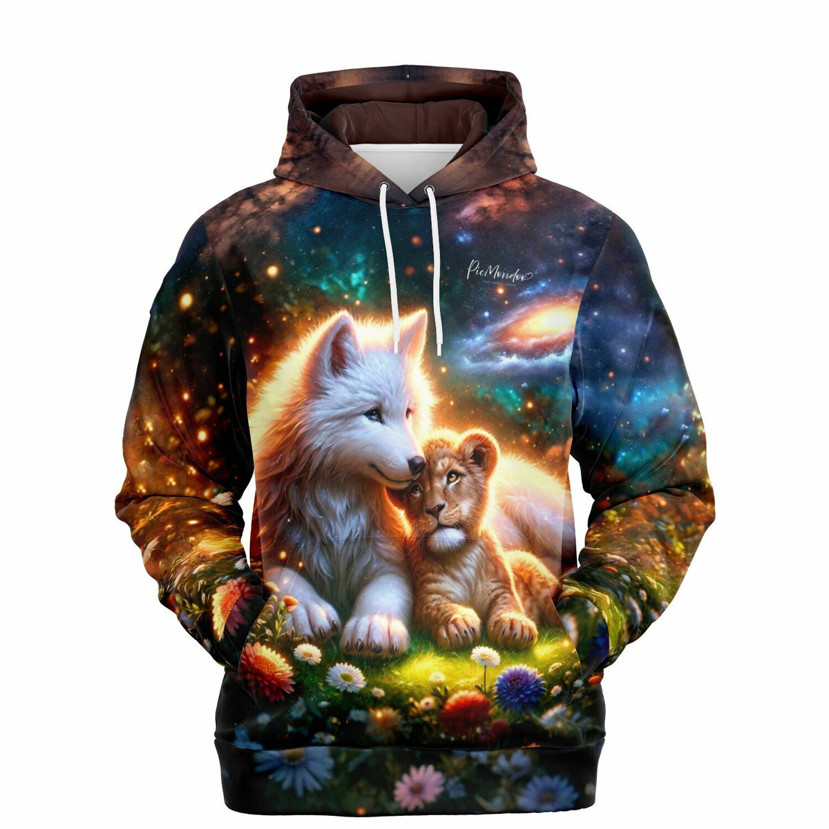 Dreamer Hoodie mit Wolf und Löwenjungen im Weltraum-Design: Ein farbenfrohes Motiv wie bei Diamond Painting und Kunstwerken.