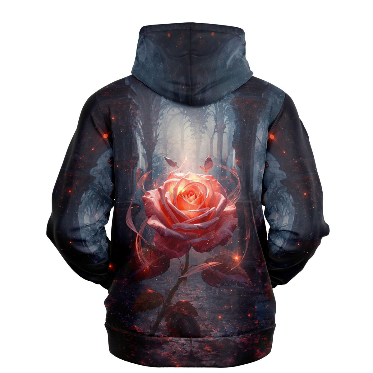 Dreamer Hoodie mit Herzflamme-Motiv: Leuchtende Rose im mystischen Wald, hochwertiger AOP-Druck als Alternative für Kunstfans.