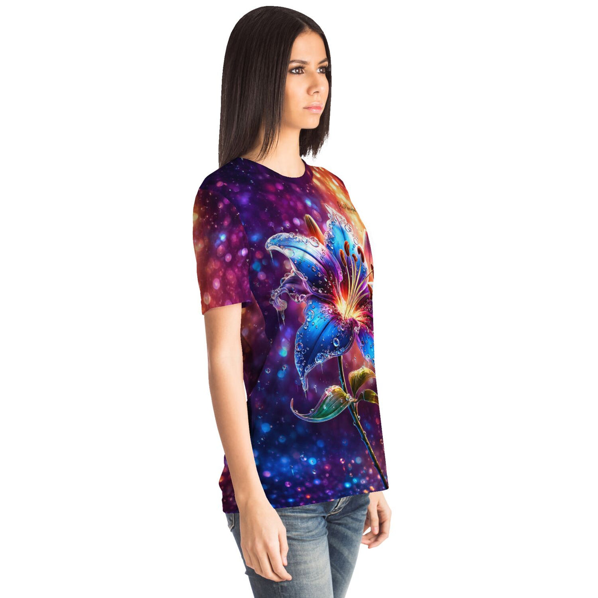 Frau trägt Dreamer T-Shirt Regenlied mit buntem Blumenmotiv im Stil von Diamond Painting und Malen nach Zahlen Kunst