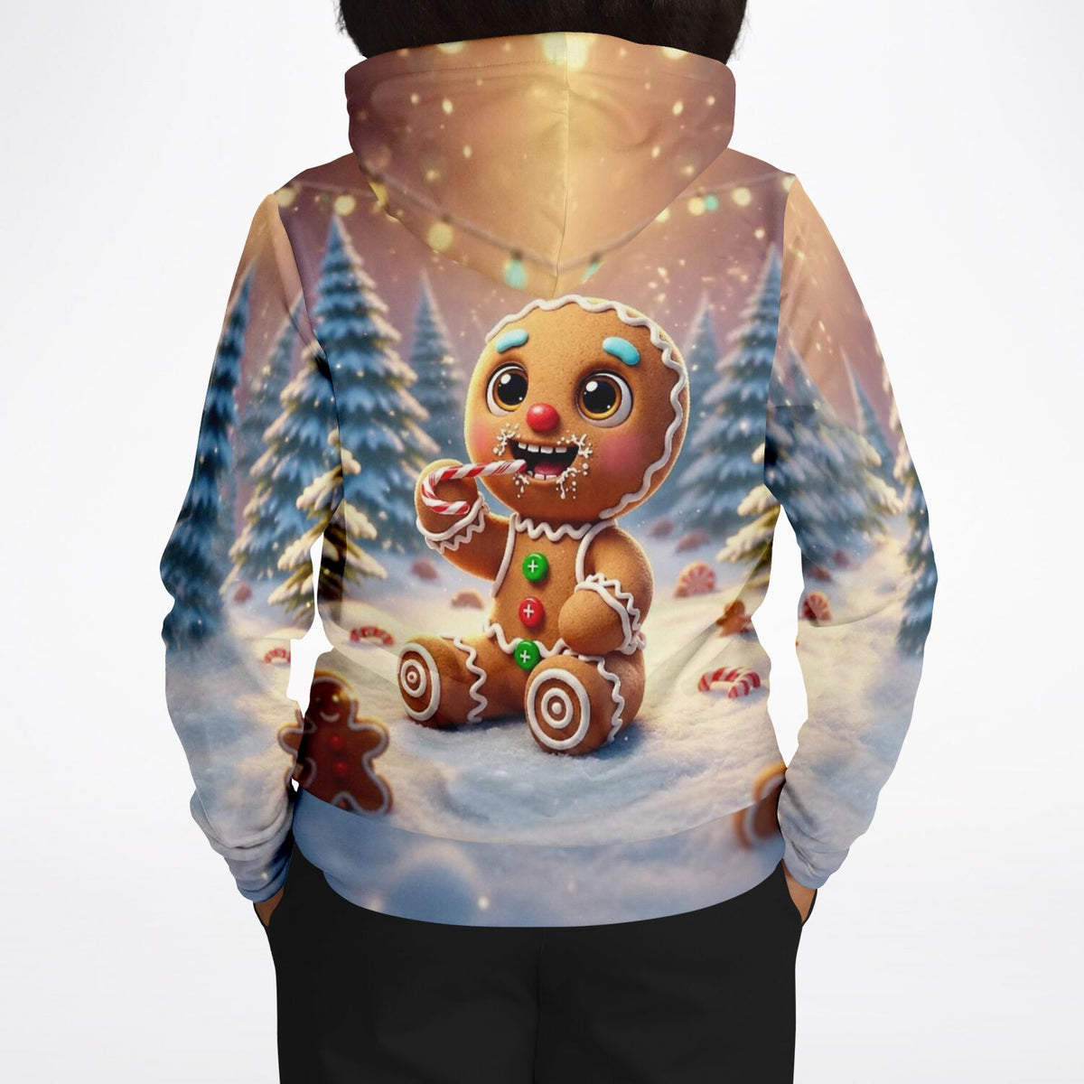 Dreamer Hoodie mit niedlichem Lebkuchenmann im Schnee, perfekt als weihnachtliches Motiv für Malen nach Zahlen Fans.