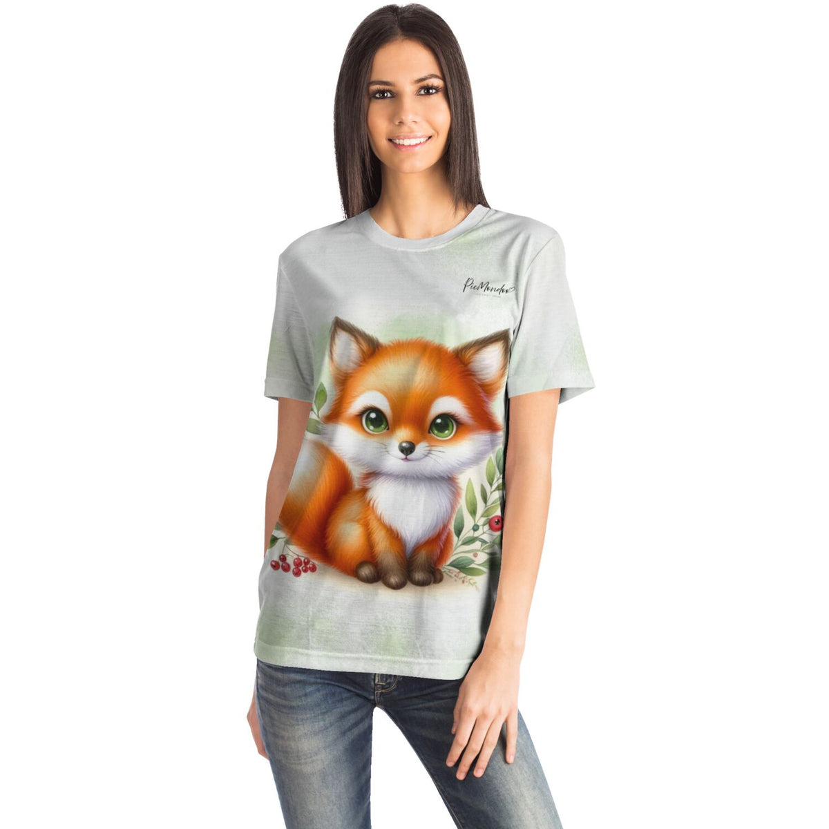Frau in weißem T-Shirt mit niedlichem Freddy Füchschen Motiv – passend zu unseren Diamond Painting und Malen nach Zahlen Sets