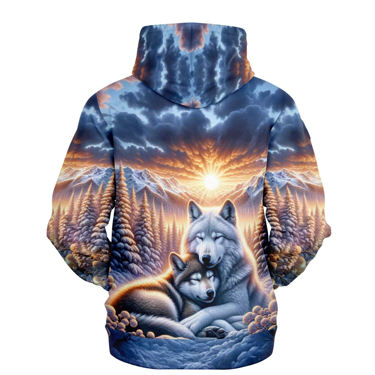 Dreamer Hoodie mit Wolfliebe Motiv im Sonnenaufgang, inspiriert von Diamond Painting Naturlandschaften.