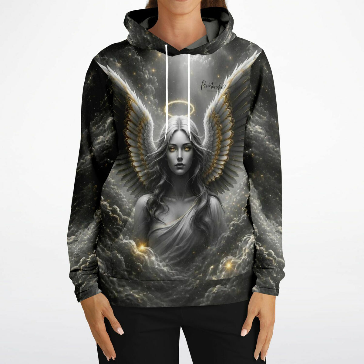 Schwarzer Picmondoo Hoodie mit Golden Angel Motiv, passend im Stil zu Diamond Painting und Malen nach Zahlen Designs.