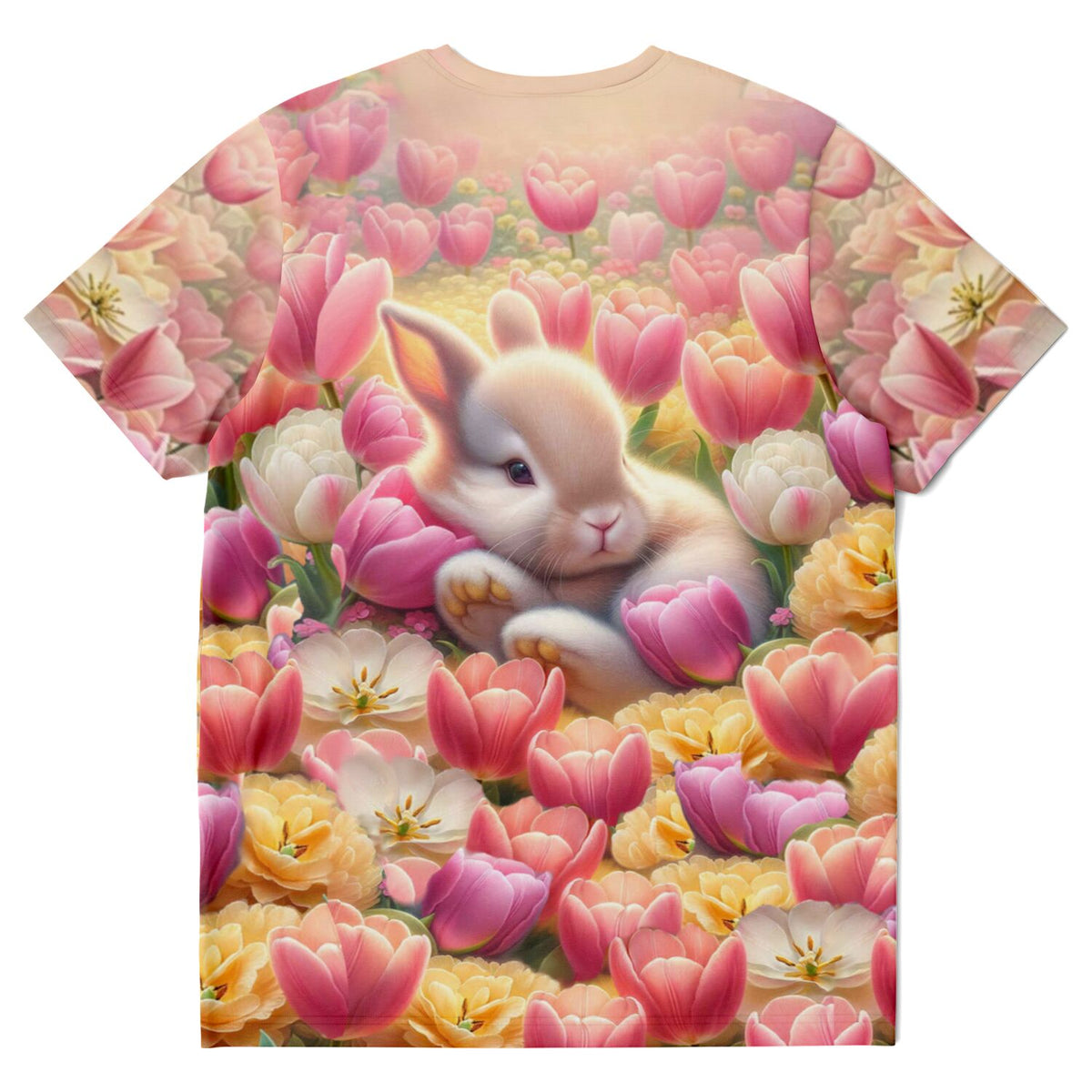 T-Shirt mit verträumtem Osterhäschen in einem bunten Tulpenfeld, inspiriert durch Malen nach Zahlen Design-Ästhetik