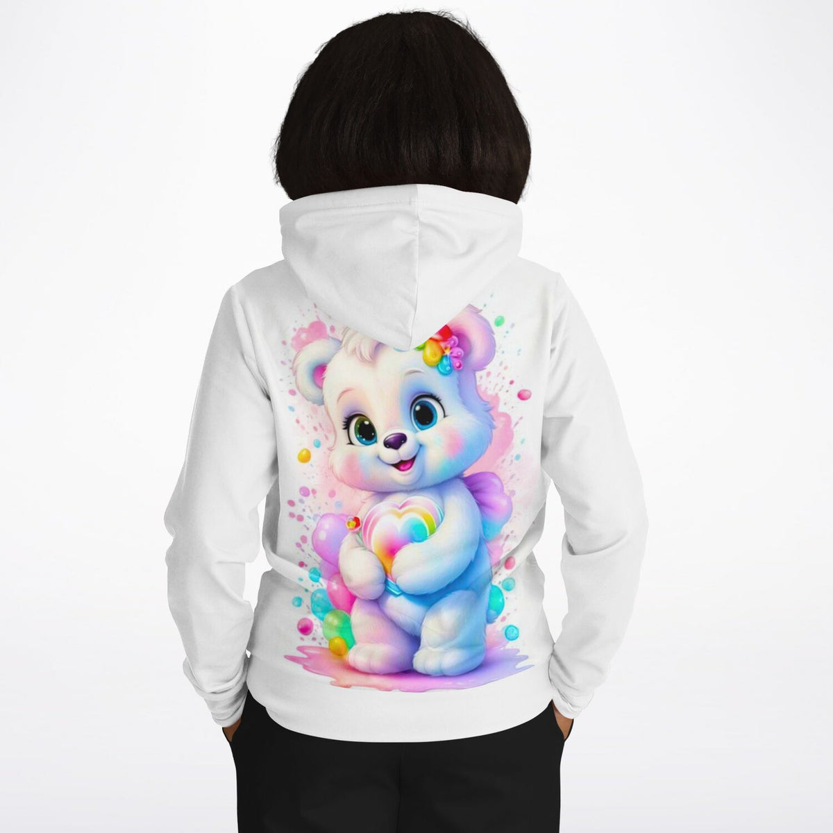 Weißer Hoodie mit süßem Herzensbärchen Motiv im bunten Aquarell-Stil, ideal für Fans von Malen nach Zahlen und Kunst.
