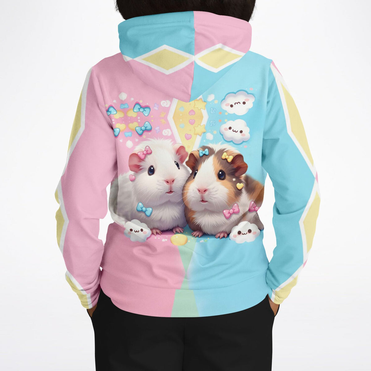 Dreamer Hoodie Maggie und Moritz mit süßem Meerschweinchen-Motiv, bunten Schleifen und Kawaii-Design in Pastellfarben.