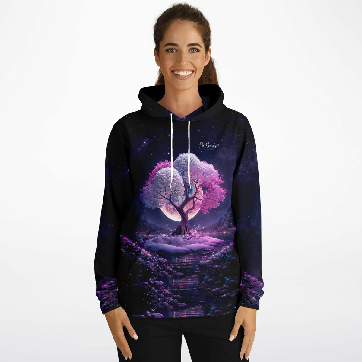 Dreamer Hoodie mit Pink Tree at Night Motiv – farbenfroher Kapuzenpullover im Diamond Painting Stil