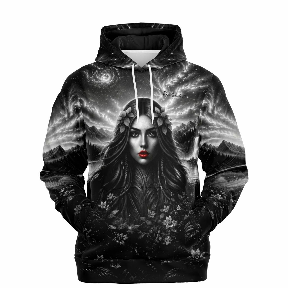 Dreamer Hoodie mit mystischem Frauenporträt, roten Lippen und galaktischem Natur-Print für Fans kreativer Kunst