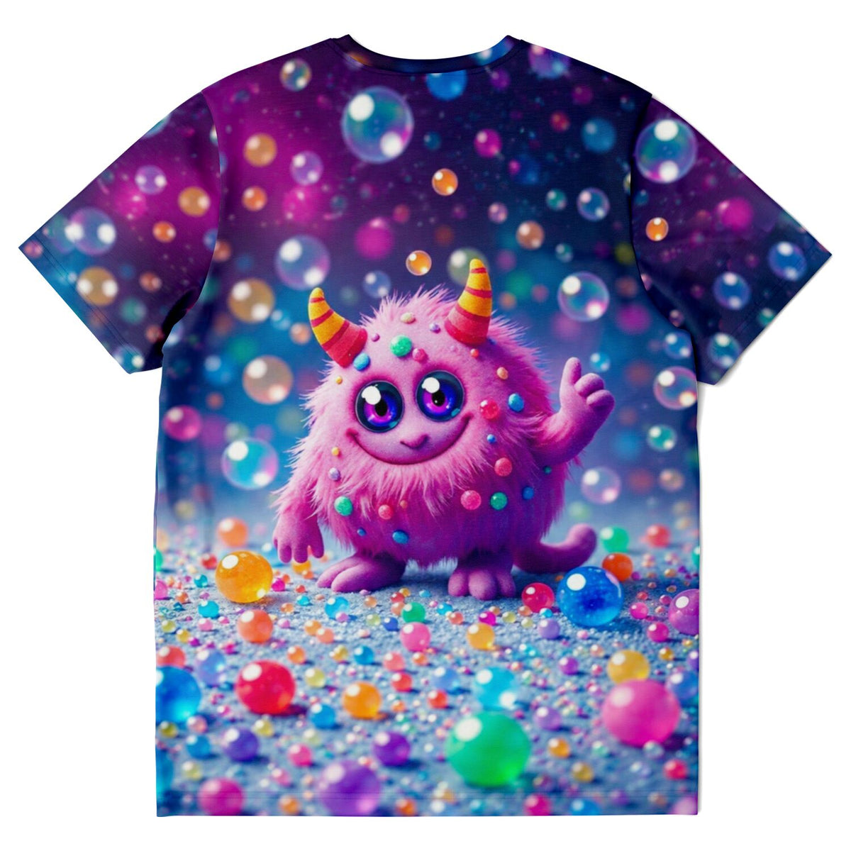 T-Shirt mit buntem, flauschigem Monster-Motiv und glänzenden Farb-Kugeln im Stil eines Diamond Painting Designs