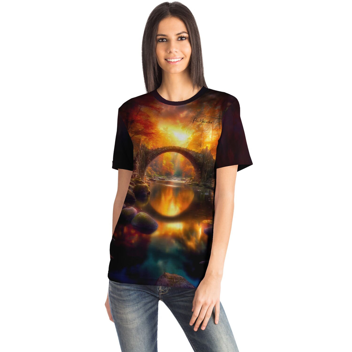 Frau trägt Dreamer T-Shirt Brücke der ewigen Stunde mit künstlerischem Landschaftsmotiv im Stil eines Diamond Paintings