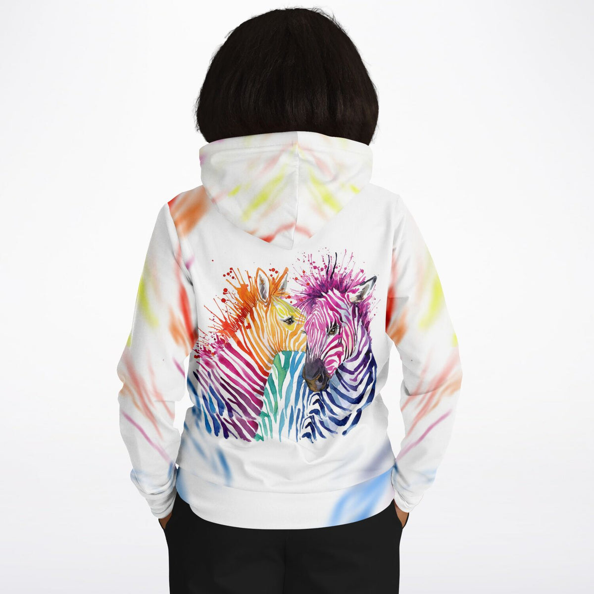 Weißer Hoodie mit buntem Zebra-Print im Aquarell-Stil, der an lebendige Malen nach Zahlen Motive erinnert.