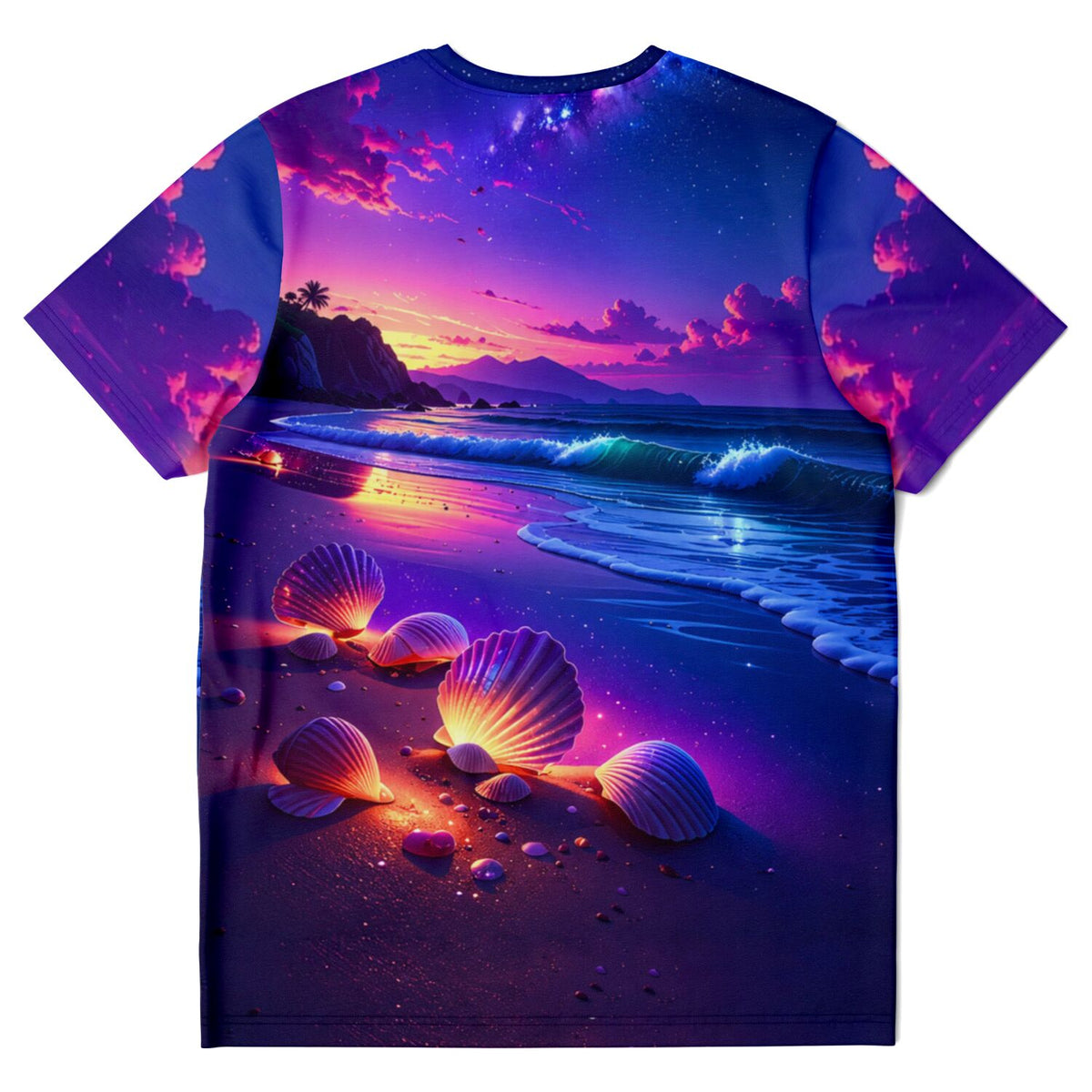 T-Shirt mit leuchtenden Wunschmuscheln am Strand, ein Motiv ideal für Diamond Painting und Malen nach Zahlen für Erwachsene