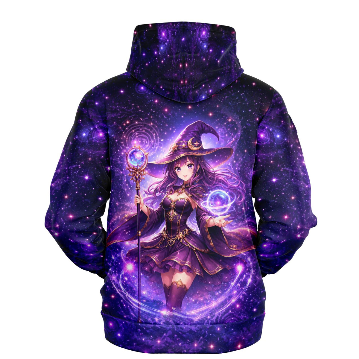 Dreamer Hoodie Celestara mit Anime-Hexe, magischem Stab und lila Galaxie-Design für Fans von kreativen DIY-Motiven