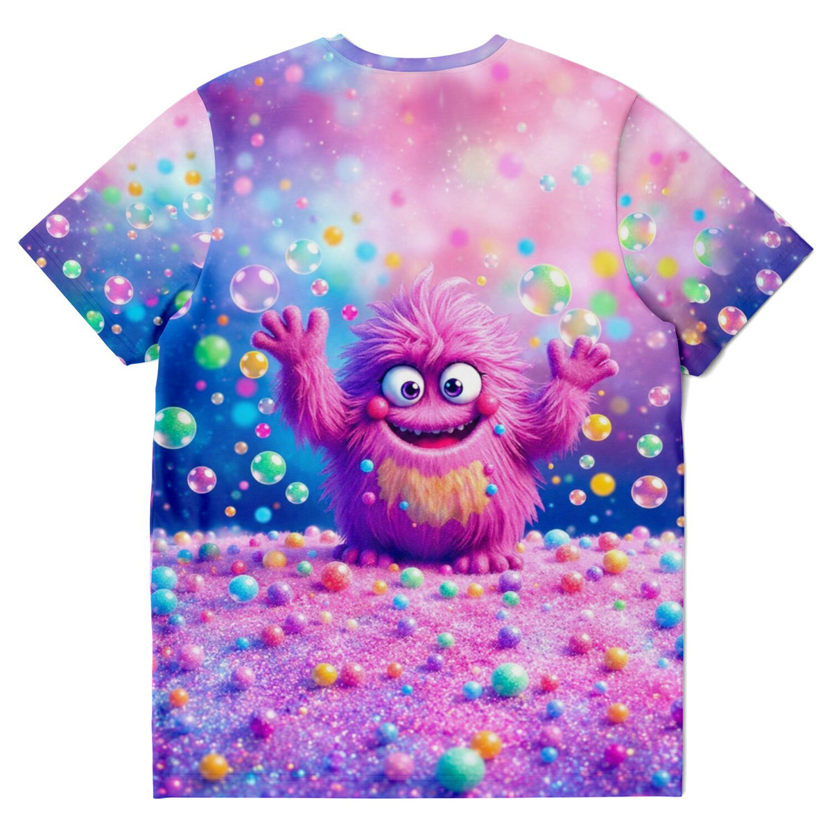 Dreamer T-Shirt mit farbenfrohem, flauschigem Monster-Motiv, bunten Seifenblasen und glitzerndem Hintergrund