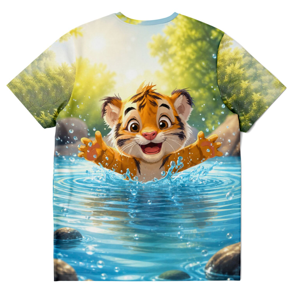 T-Shirt mit süßem Tiger-Motiv beim Spielen im Wasser, inspiriert von Farbenfrohen Diamond Painting und Malen nach Zahlen