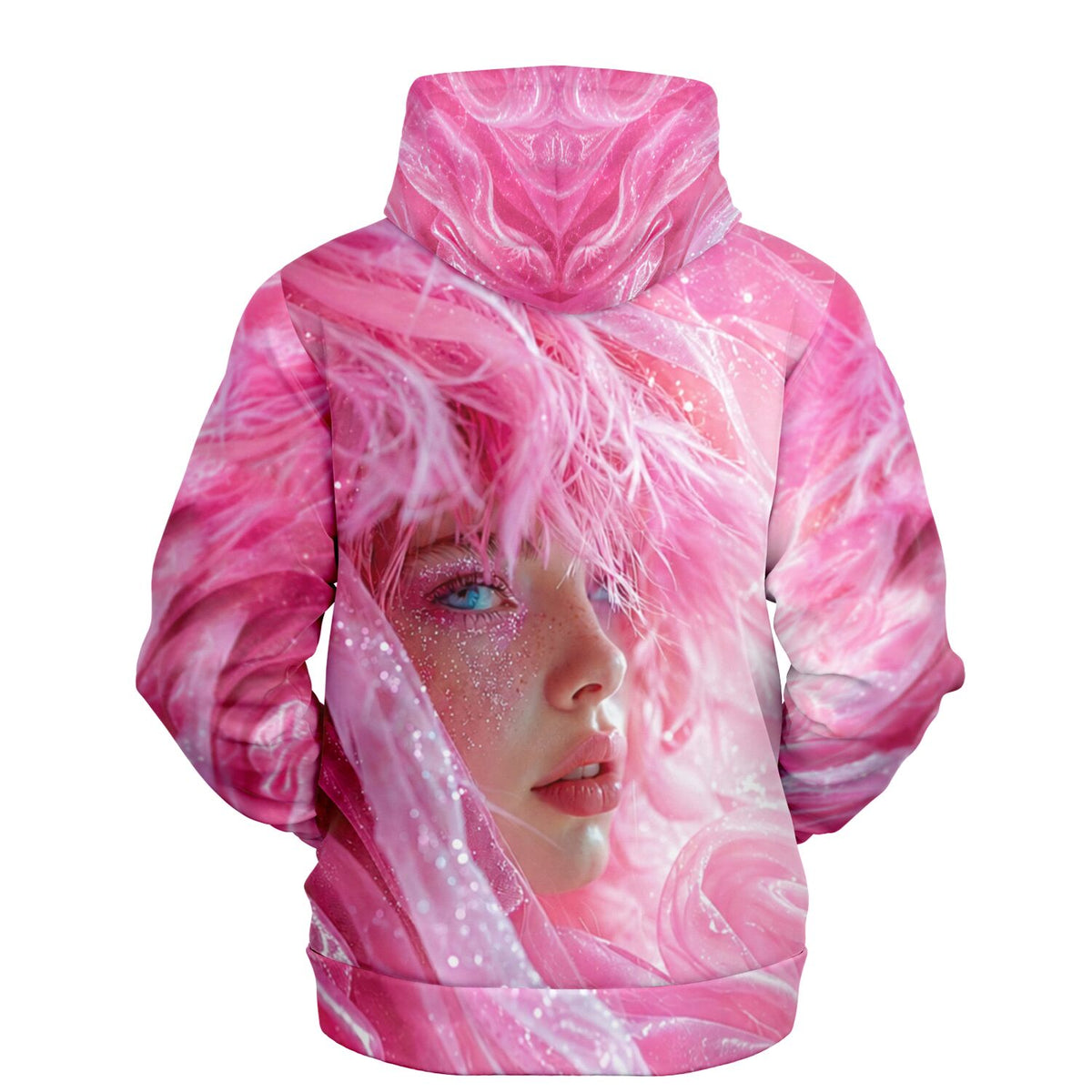 Pinker Dreamer Hoodie mit glitzerndem Frauenporträt, perfekt für Fans von kreativen Diamond Painting und Kunststilen.