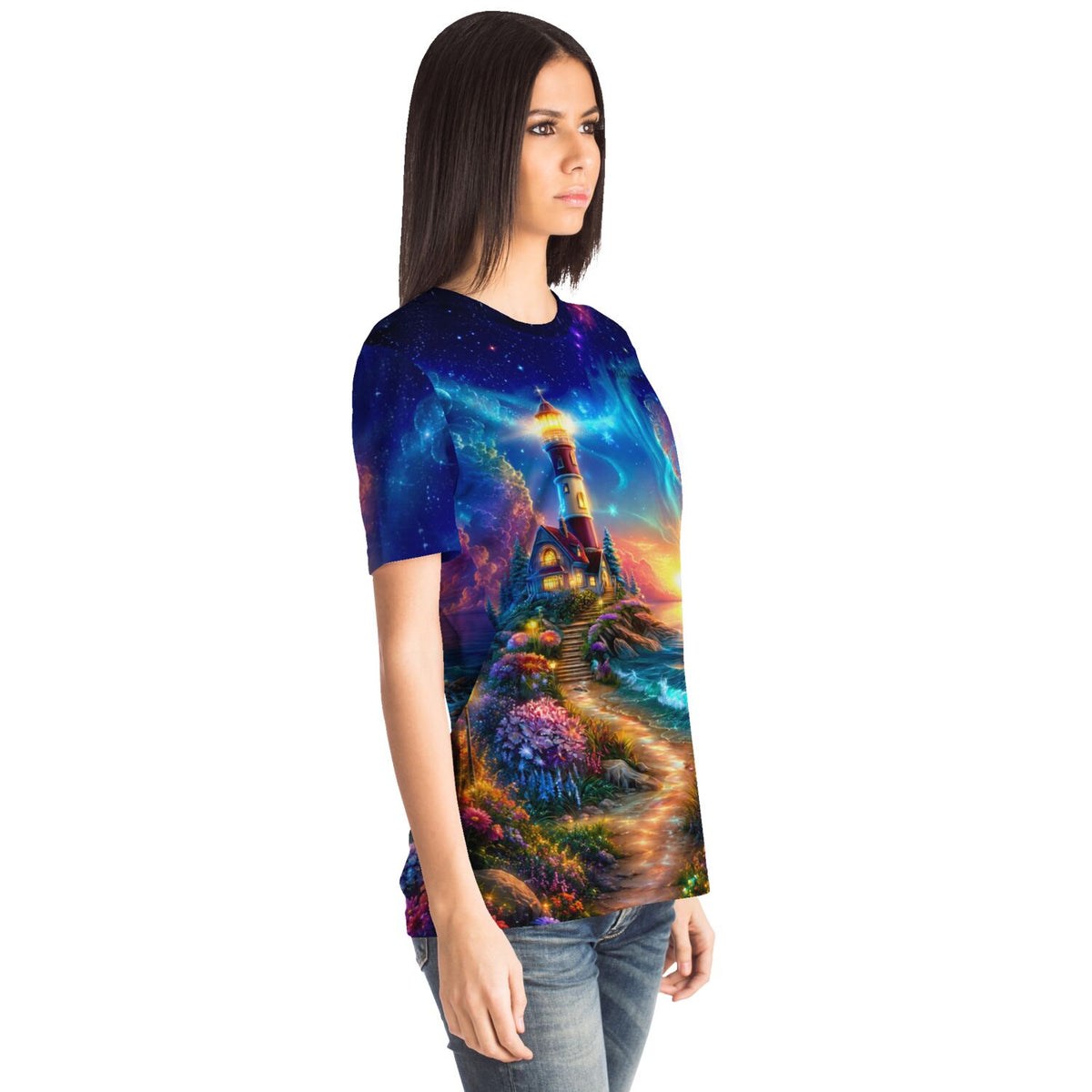 Frau trägt T-Shirt mit Leuchtturm-Motiv im Stil von Diamond Painting und Malen nach Zahlen für Erwachsene