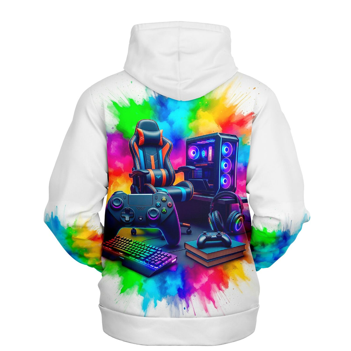 Weißer Kapuzenpullover mit Gaming Zone Motiv, bunter Aquarell-Optik und Gaming-Setup als AOP-Druck