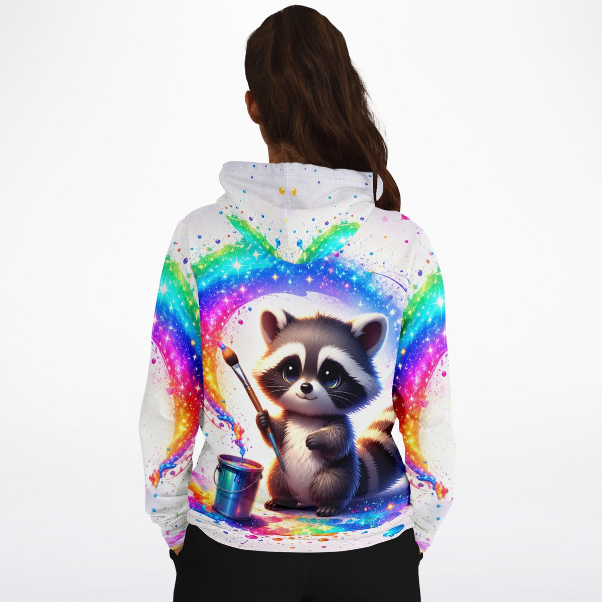 Hoodie mit Waschbär-Motiv und regenbogenfarbenen Farbklecksen, ideal für Fans von Malen nach Zahlen für Erwachsene.