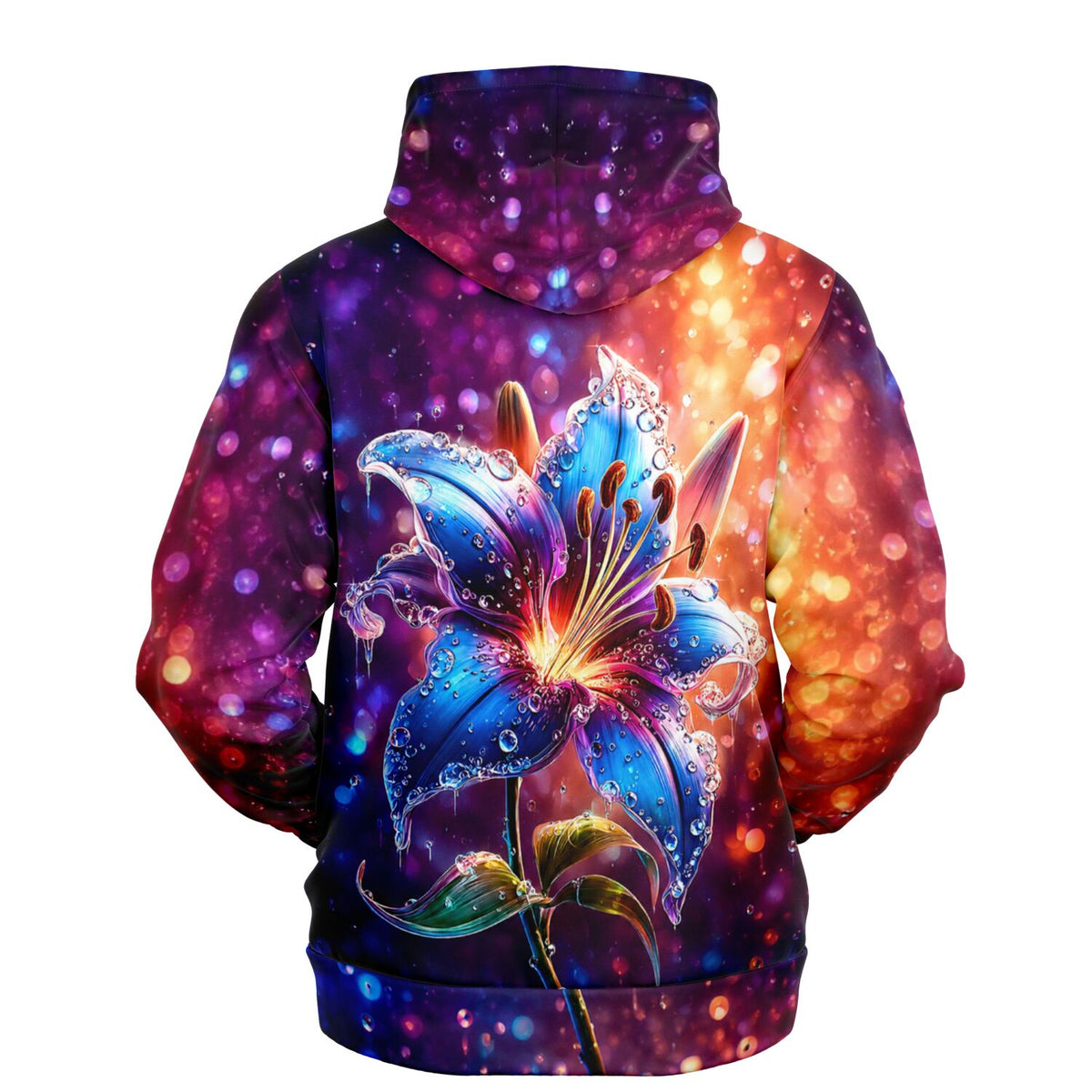 Dreamer Hoodie Regenlied Rückseite mit blauem Lilien-Motiv, bunten Bokeh-Lichtern und Wassertropfen im AOP-Design