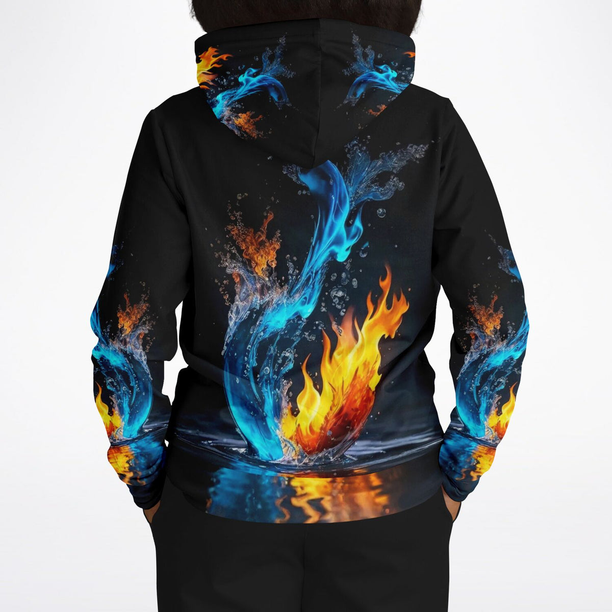 Schwarzer Dreamer Hoodie mit AOP-Design von Feuer und Wasser als künstlerische Inspiration für DIY-Projekte