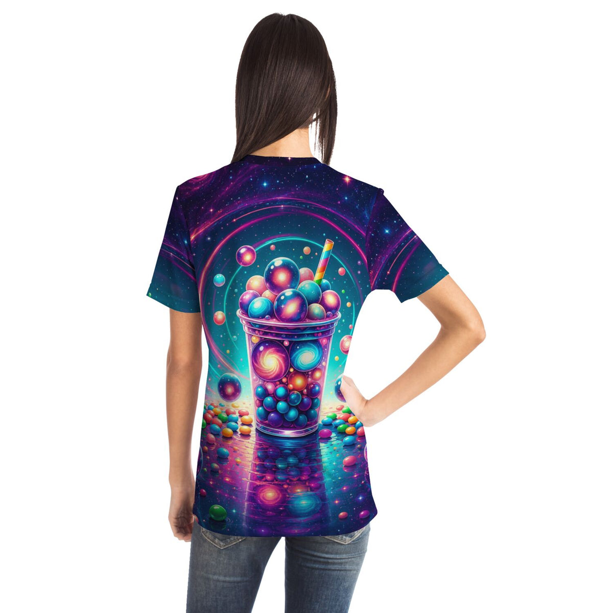 T-Shirt mit buntem Bubble-Tea-Universum-Motiv, perfekt für Fans von Malen nach Zahlen und Diamond Painting Designs.