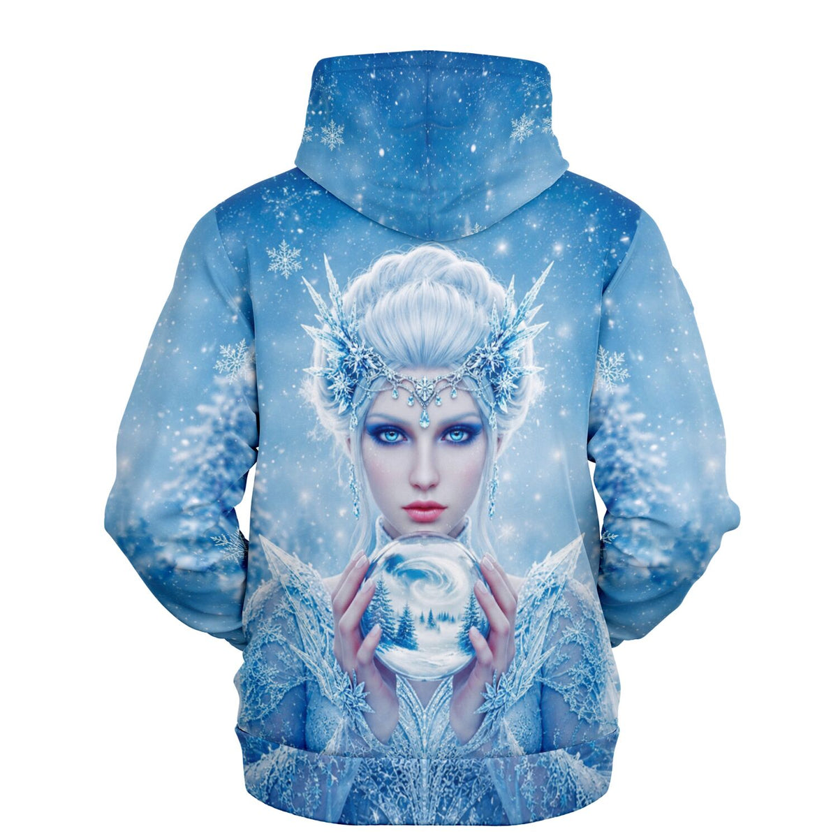 Rückansicht des Dreamer Hoodies mit Eiskönigin Motiv: Blaues Design mit Winterlandschaft und funkelnden Schneeflocken