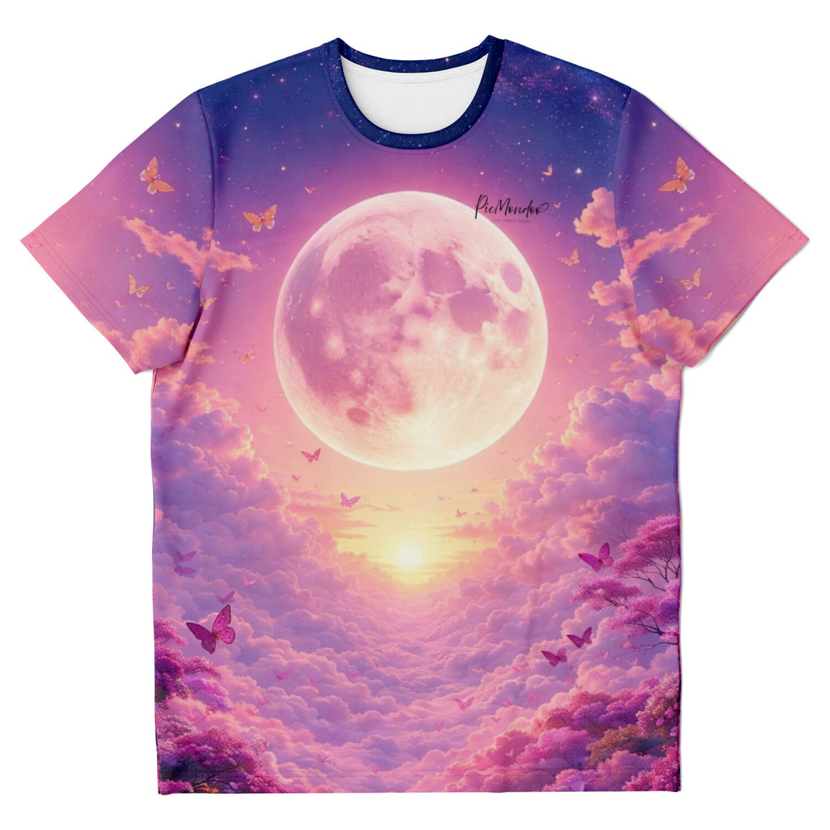 Dreamer T-Shirt Wolkenreich mit Vollmond, rosa Wolkenlandschaft und Schmetterlingen im Stil von Diamond Painting Motiven