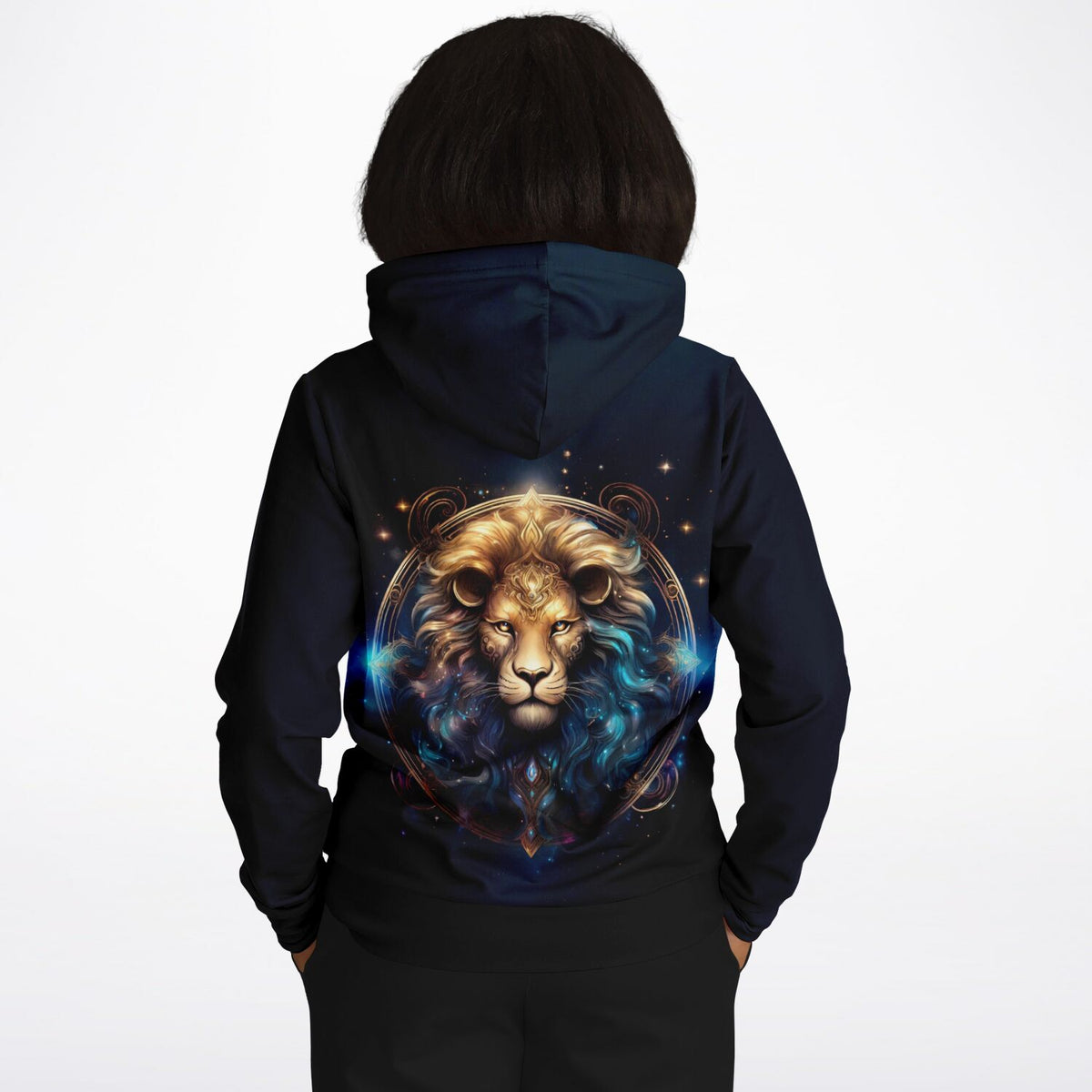 Schwarzer Dreamer Hoodie mit königlichem Löwen-Motiv als Sternzeichen-Druck für Fans von Diamond Painting und Kunst