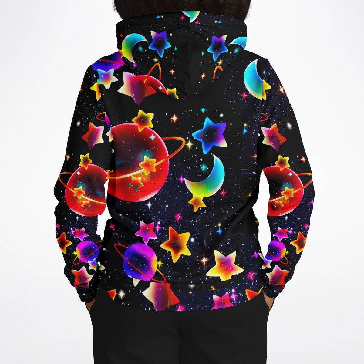 Kids Hoodie mit buntem Universum Motiv voller Planeten, Sterne und Monde im farbenfrohen Galaxie-Design.