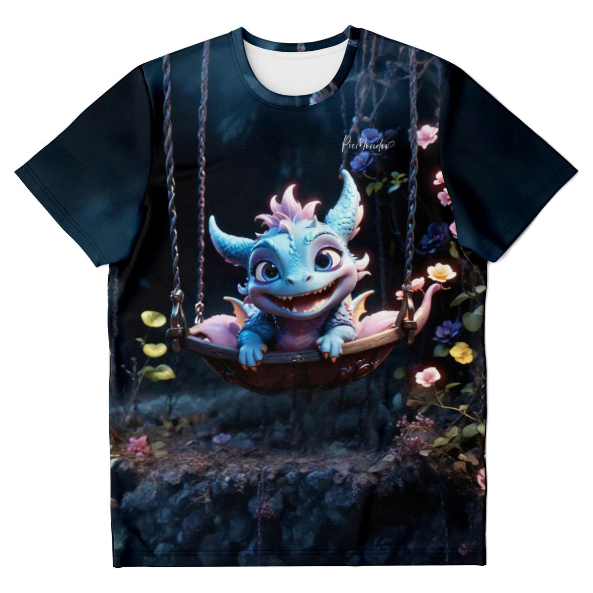 T-Shirt mit blauem Drache auf einer Schaukel, Motiv passend für Diamond Painting und Malen nach Zahlen Fans