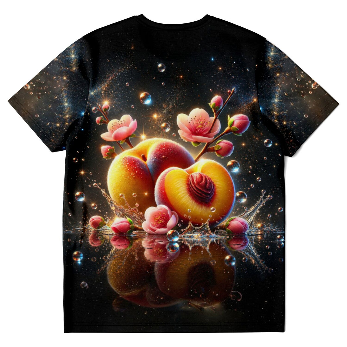 Schwarzes T-Shirt mit Pfirsich-Motiv, Blüten und Wassertropfen, inspiriert durch Diamond Painting Kunststile