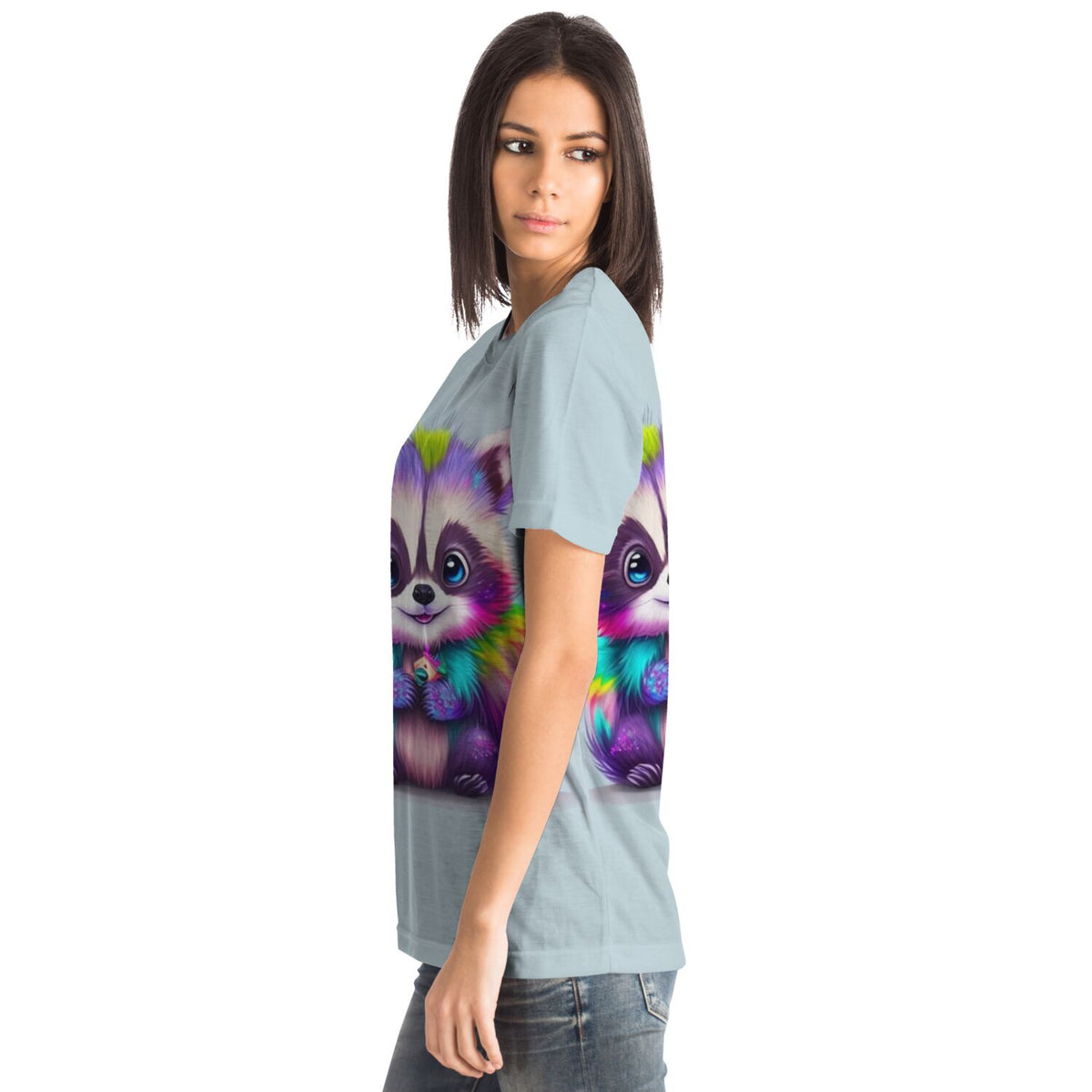Hellblaues Damen-T-Shirt mit buntem Waschbär-Motiv im Stil unserer beliebten Diamond Painting und Malen nach Zahlen Sets.