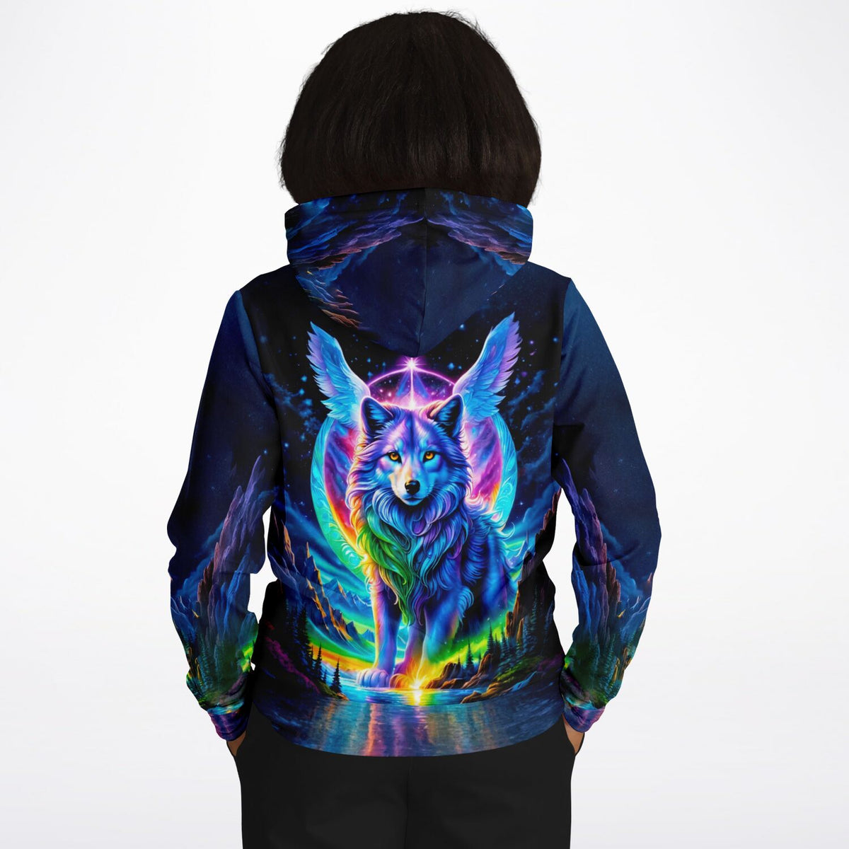 Dreamer Hoodie mit farbenfrohem, geflügeltem Wolf-Motiv im Stil von Diamond Painting und Malen nach Zahlen Designs