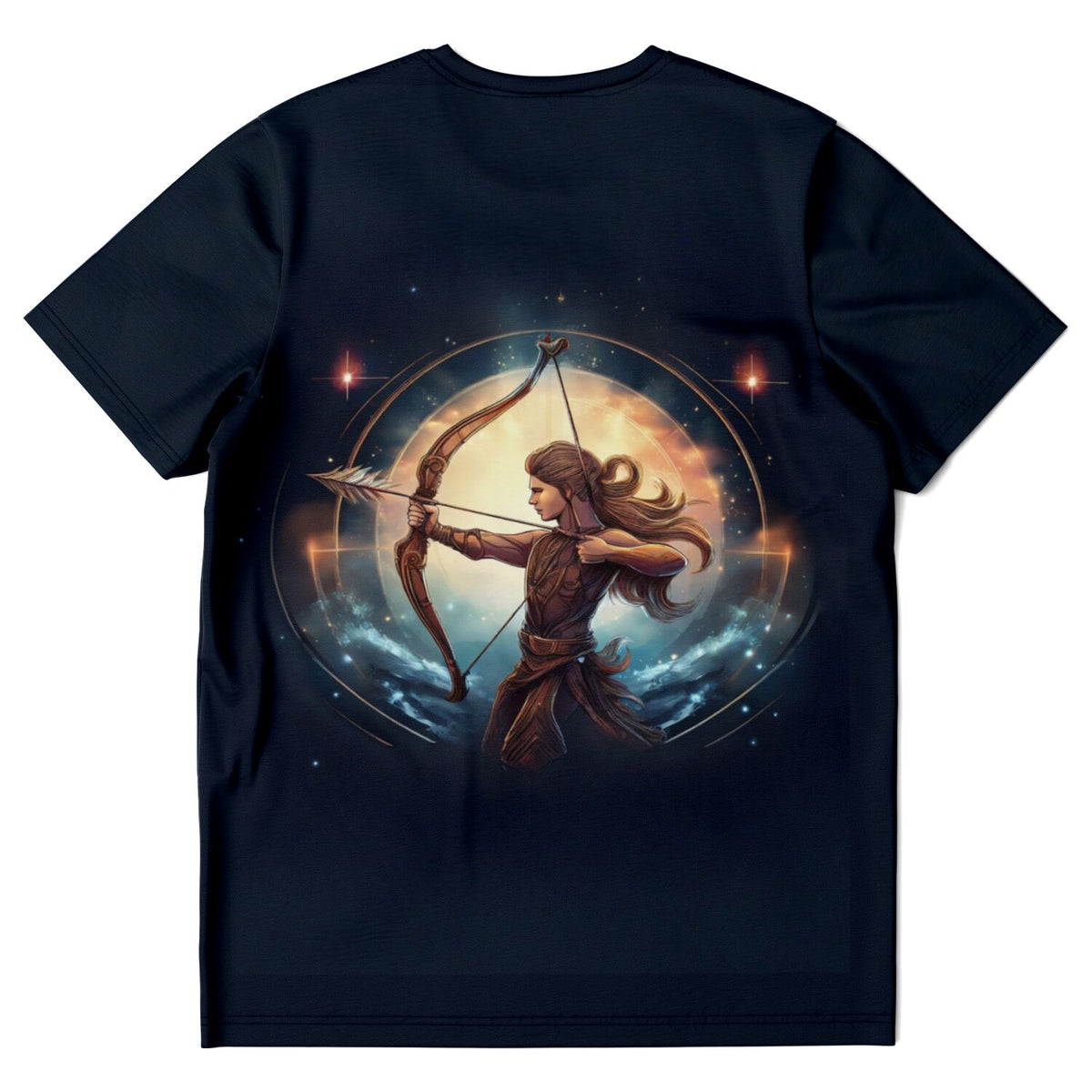 Schwarzes T-Shirt mit kunstvollem Schütze-Sternzeichen-Motiv, Bogenschütze im Fantasy-Design für Fans von DIY-Kunst.